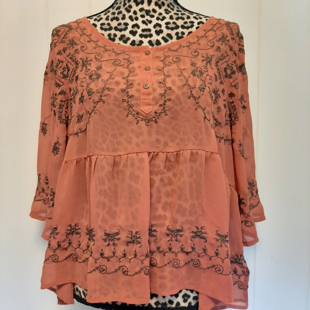 Free People Pennies Sequel Coral Embroidered Sheer Blouse Sz. L